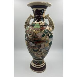 VTG Japanese Vase Hand Painted Pottery Samurai Home Deco Art Porcelin